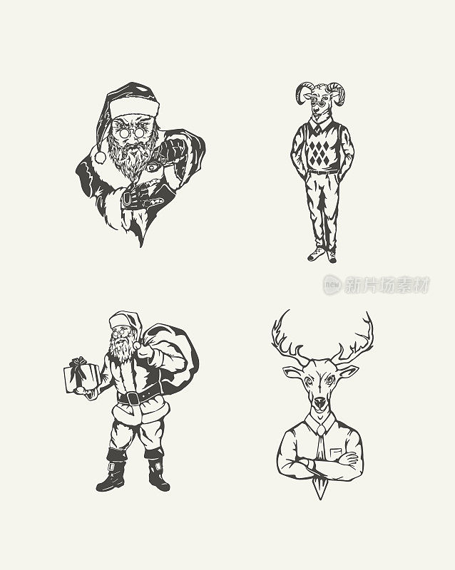 一套绘制的插图。圣诞老人和鹿潮人