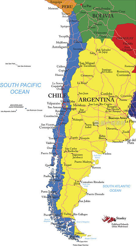 绘有不同颜色的智利地图