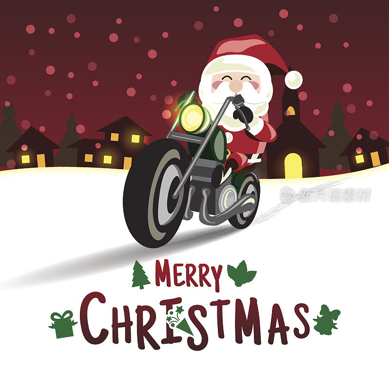 圣诞快乐。圣诞老人骑摩托车送礼物