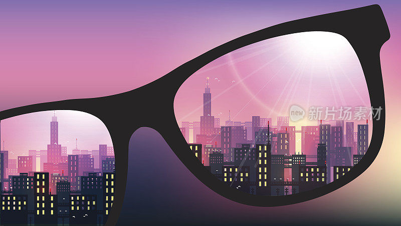 城市城市夜景与眼镜在模糊的背景-矢量插图