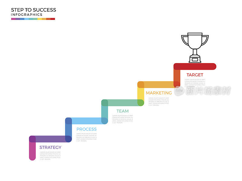 迈向奖杯和成功理念的阶梯。业务时间线现代彩色信息图模板与图标和元素。可用于工作流布局，横幅，图表，网页设计。