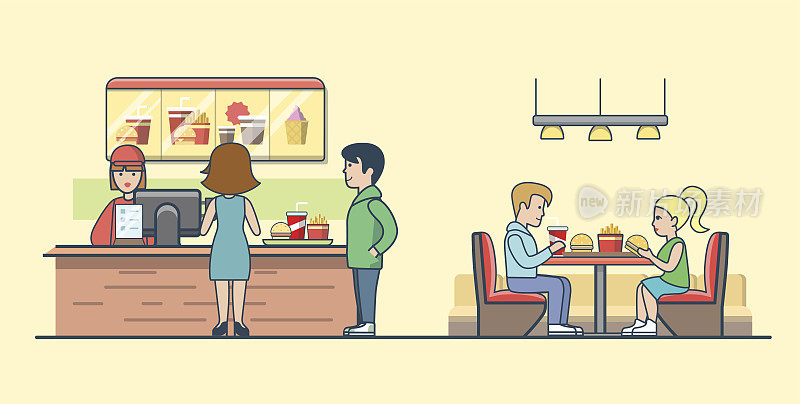 直线平夫妇吃汉堡和薯条，客户点餐的酒吧矢量插图。服务员，男人，女人，客户角色。快餐的概念。
