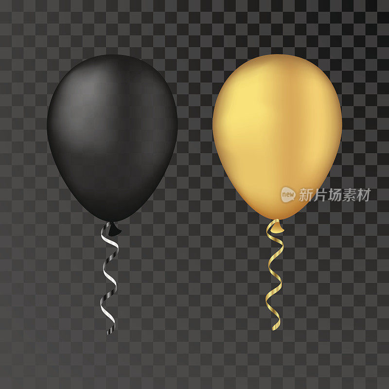 向量金色和黑色气球在一个透明的背景。3d现实的快乐假期飞行空气氦气球
