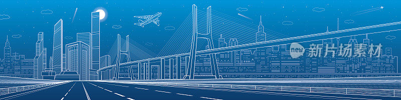 基础设施全景。大型斜拉桥。飞机飞行。空的高速公路。夜以现代城市为背景，高楼大厦，城市景观，矢量设计艺术