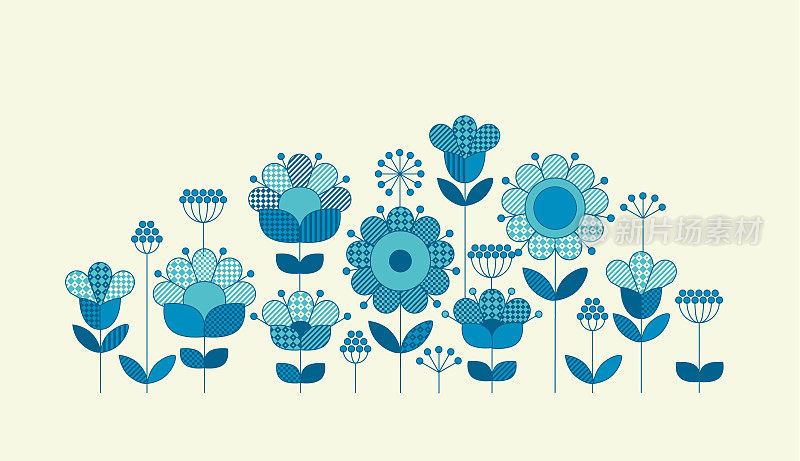 矢量花水平页眉模板印刷和网页设计在农民民间风格。几何图案启发花卉插图在蓝色。