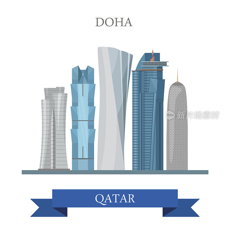 在卡塔尔多哈。平面卡通风格的历史景点展示景点网站矢量插图。世界各国城市度假旅游观光亚洲收藏。