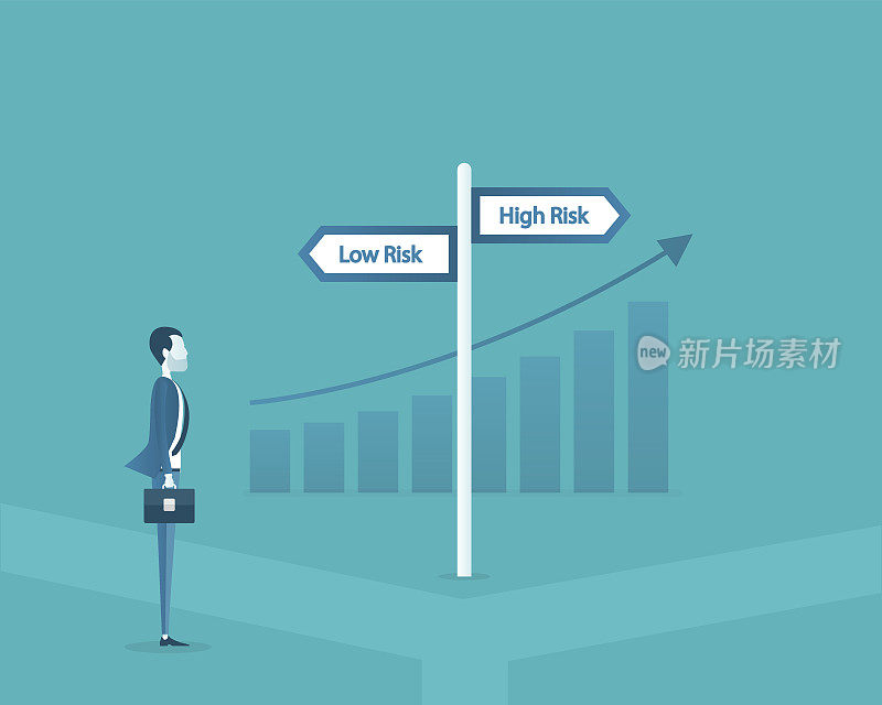 平面矢量商人在低风险和高风险概念与企业金融投资概念之间选择道路。