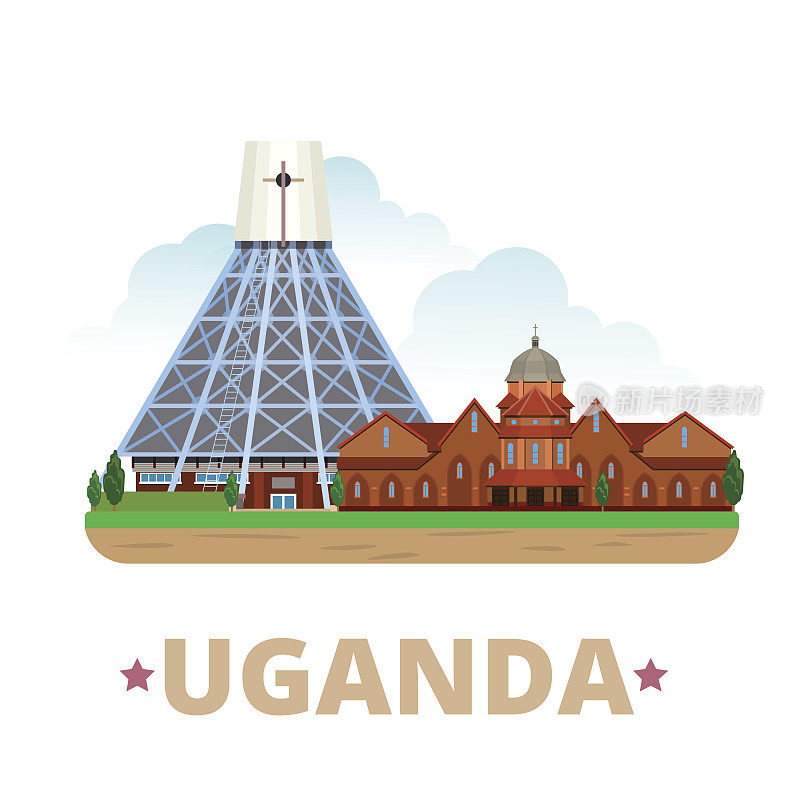 乌干达国家设计模板。平面卡通风格的历史景观展示网站矢量插图。世界旅行非洲非洲收藏。乌干达烈士大教堂纳米伦比大教堂。