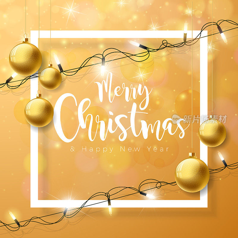 向量圣诞快乐插图在棕色的背景与印刷和节日灯花环，松树枝，雪花和观赏球。