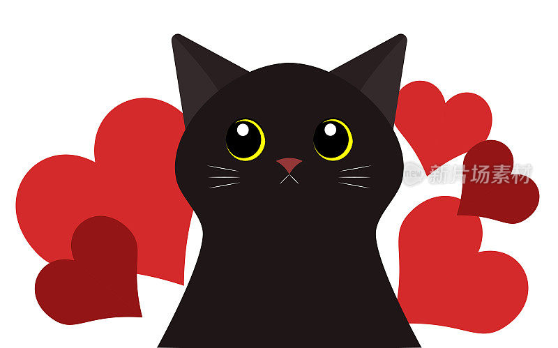 黑猫与红色的心背景。