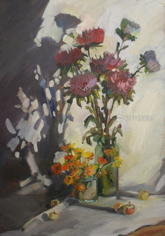 油画中的静物画，夏日花朵的静物画