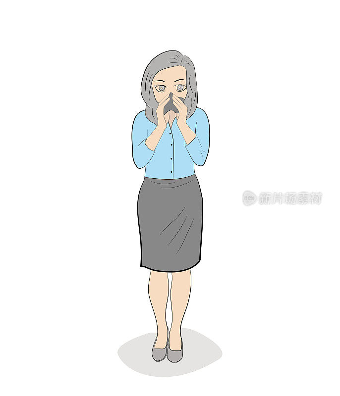 一个拿着手帕的女孩因感冒和过敏而闭合。为医疗设计和信息图手绘卡通矢量插图。