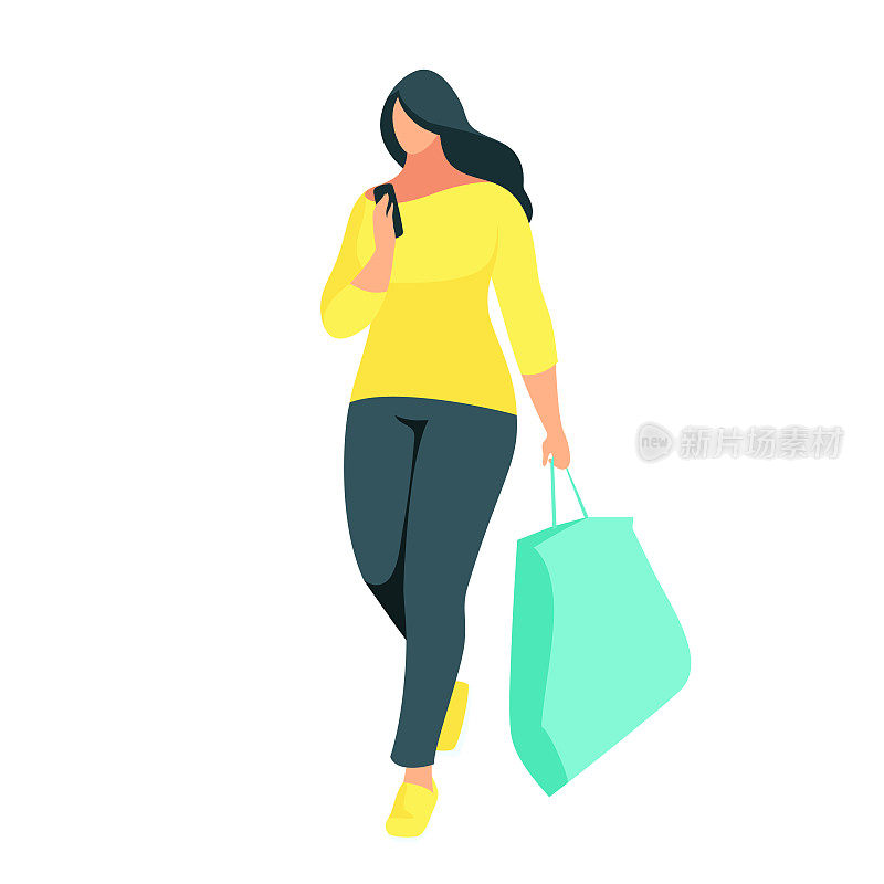 购物。买家与袋在手孤立的白色背景。