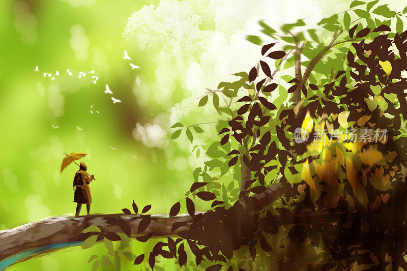 一个男人撑着伞站在巨树上，幻想风景，数码艺术风格，插画。