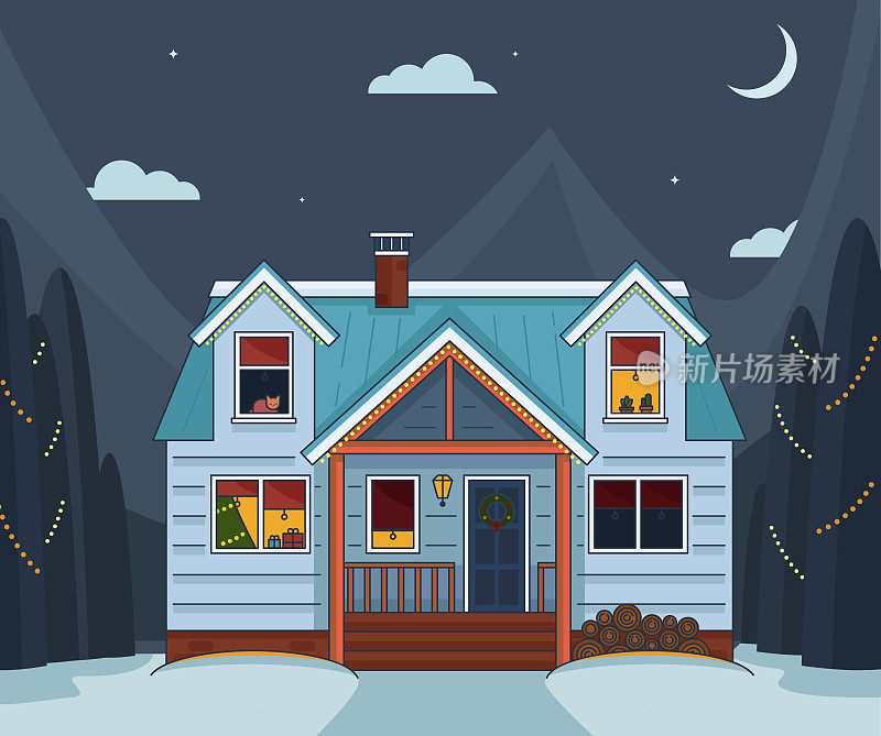 温馨舒适的小屋，窗户上挂着温暖的黄色灯光，为圣诞节装饰