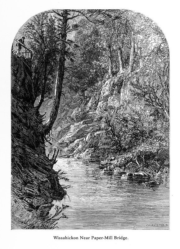 美国宾夕法尼亚州费城造纸厂桥附近的威萨希肯，美国维多利亚版画，1872年