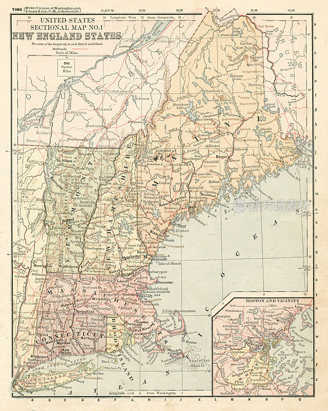 地图新英格兰各州(1881年