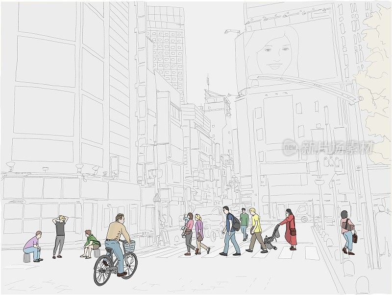 手绘插图。人们穿过街道在美丽和令人兴奋的新宿附近的东京，日本。人的颜色。