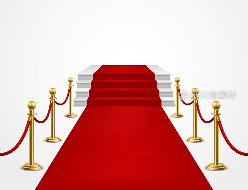 红地毯。盛大开业，金色金属护栏和红地毯配领奖台为vip活动，颁奖明星颁奖矢量背景