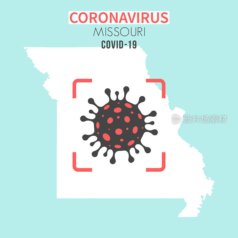 密苏里州地图，红色取景器中有冠状病毒细胞(COVID-19)