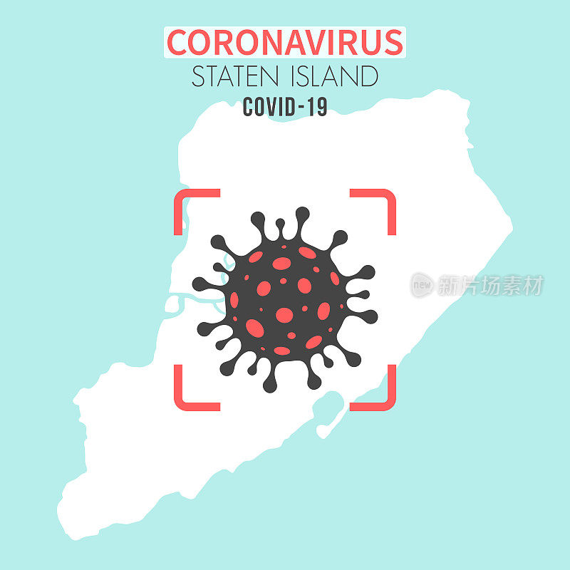 斯塔顿岛地图，红色取景器显示冠状病毒细胞(COVID-19)