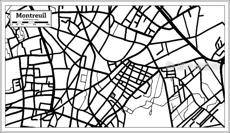 蒙特勒伊法国城市地图黑白复古风格。略图。