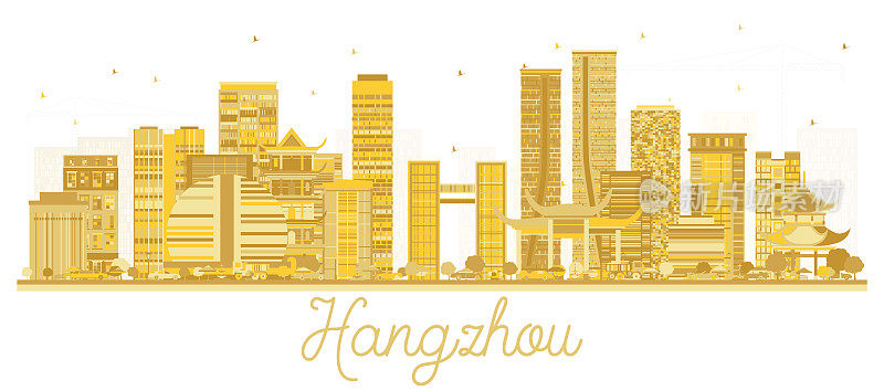 中国杭州城市天际线剪影与金色的建筑隔离在白色。