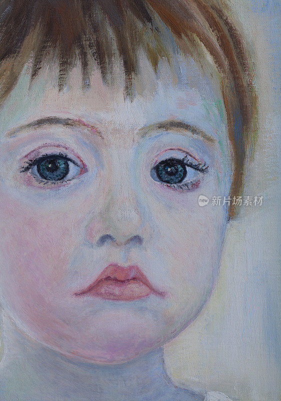 油画肖像，特写，有特殊需要的小女孩