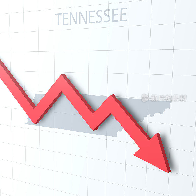 落下的红色箭头，背景是田纳西地图