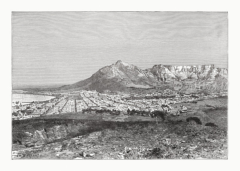 南非开普敦和桌山，木刻，1891年出版