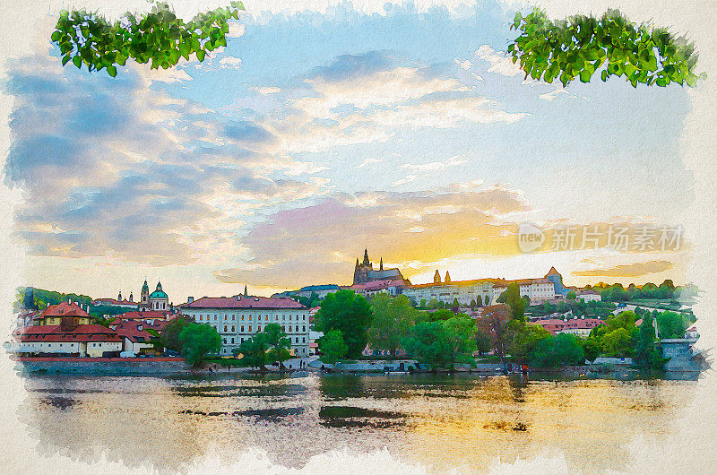 布拉格历史名城中心的水彩画。布拉格城堡，赫拉卡尼区圣维塔斯大教堂，伏尔塔瓦河，蓝天白云，傍晚日落，波西米亚，捷克共和国