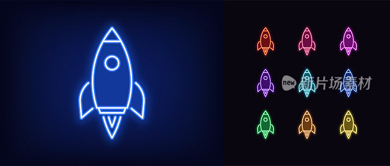 霓虹灯火箭图标。发光的氖宇宙飞船标志，宇宙飞船飞行