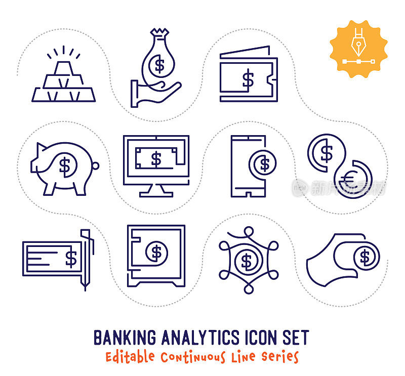 银行分析可编辑的连续线图标包