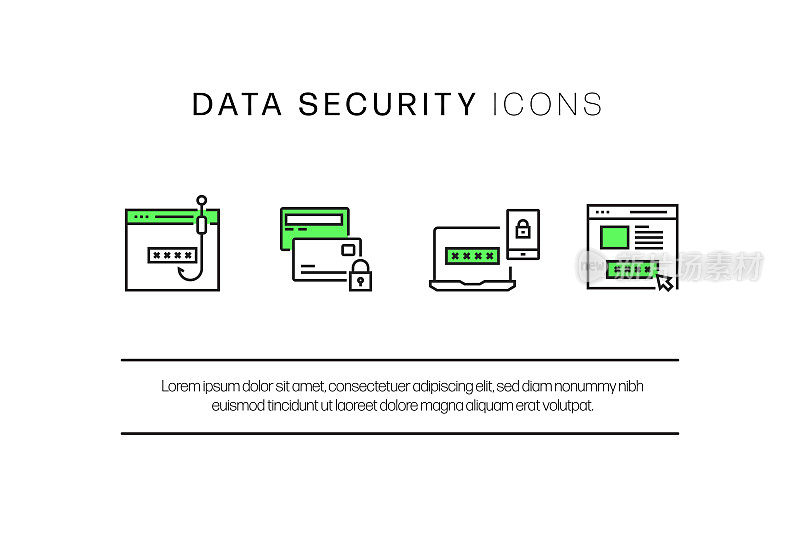 网络安全，数据安全相关的平线图标。矢量轮廓符号插图。