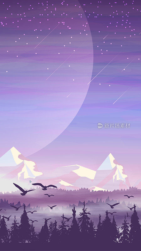 松林，雪山，晨曦的星空和天空中的大星球。矢量图