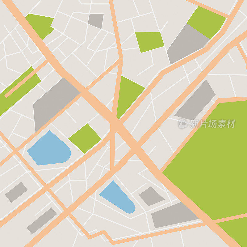 抽象的城市地图矢量插图。城镇道路和住宅区。平面风格详细的城市旅游矢量设计背景。鸟瞰图,制图。