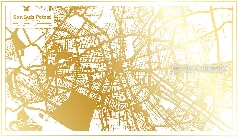 圣路易波托西墨西哥城地图在复古风格在金色。略图。