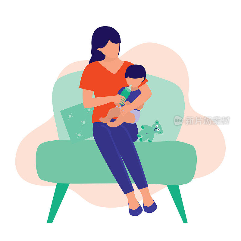 母亲用奶瓶喂养她的婴儿。母亲的概念。矢量平面卡通插图。