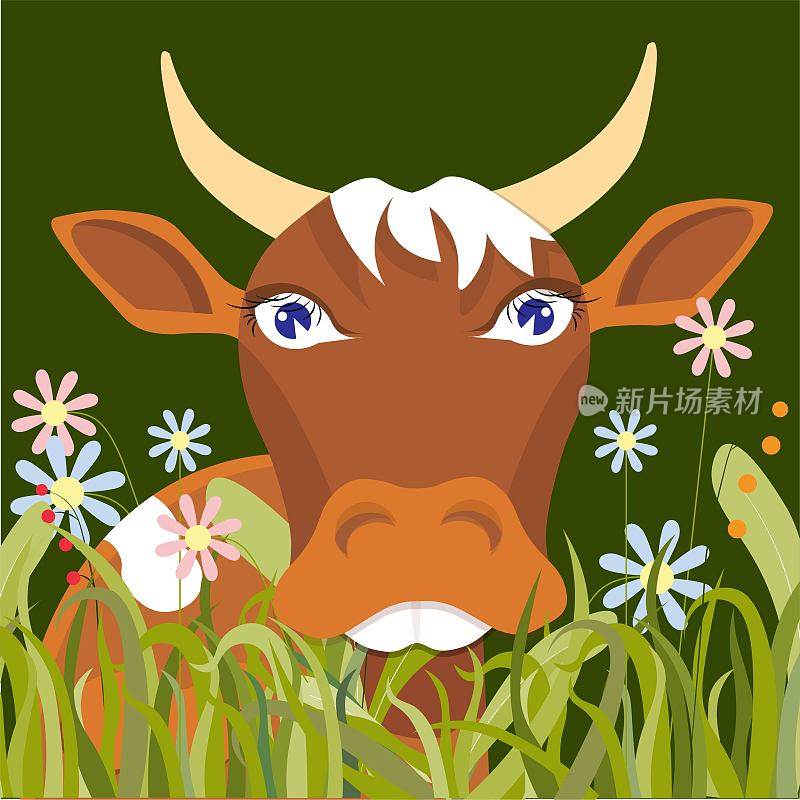 红牛在草地上的蓝色3D农场动物艺术设计元素