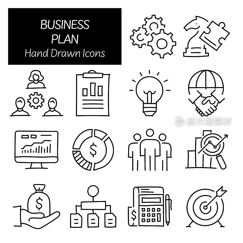 商业计划相关手绘图标,涂鸦元素矢量插图