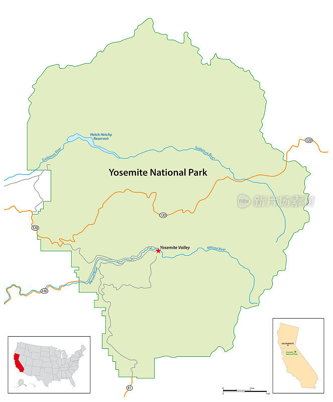 约塞米蒂国家公园简单概览地图，亚利桑那州，美国