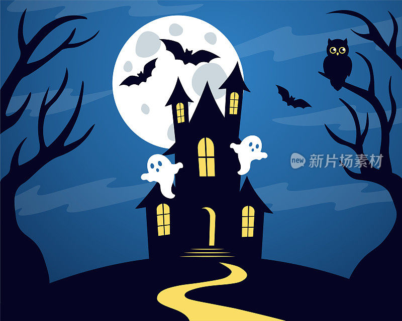 令人毛骨悚然的万圣节之夜。恐怖的房子，满月，蝙蝠，鬼魂，猫头鹰。矢量插图。