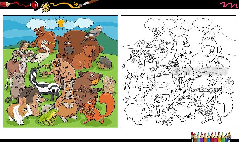 卡通动物人物群涂色书页