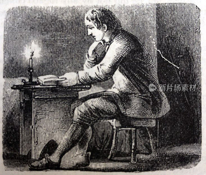 古董插图-哈珀杂志-男人坐在一个小桌子在烛光下阅读