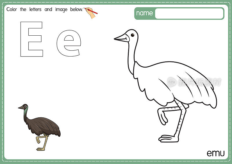 矢量插图的儿童字母着色书页与概述剪贴画，以颜色。字母E代表Emu。