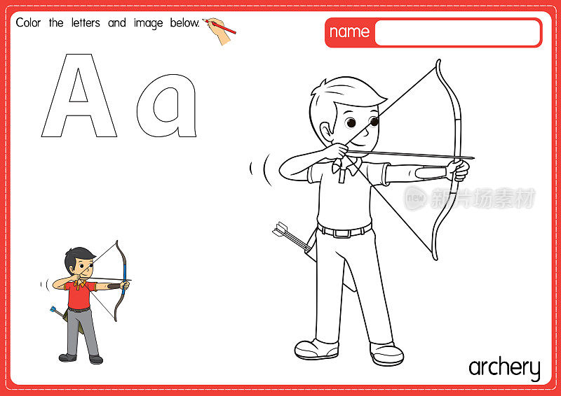 矢量插图的孩子字母填色书页概述剪贴画颜色。字母A代表射箭。