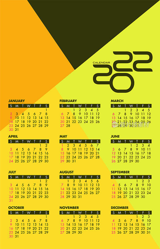 日历2022设计模板周将于周日开始。股票插图