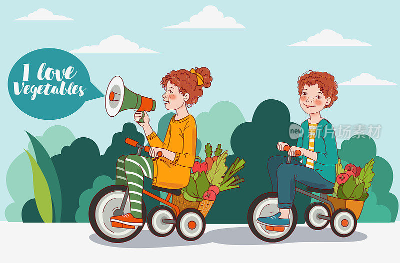 可爱的男孩和女孩带着新鲜的蔬菜在花园里骑自行车。有趣的女孩对着扩音器大喊。夏季素材插图