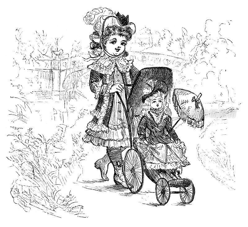小女孩带着她的洋娃娃在公园里散步