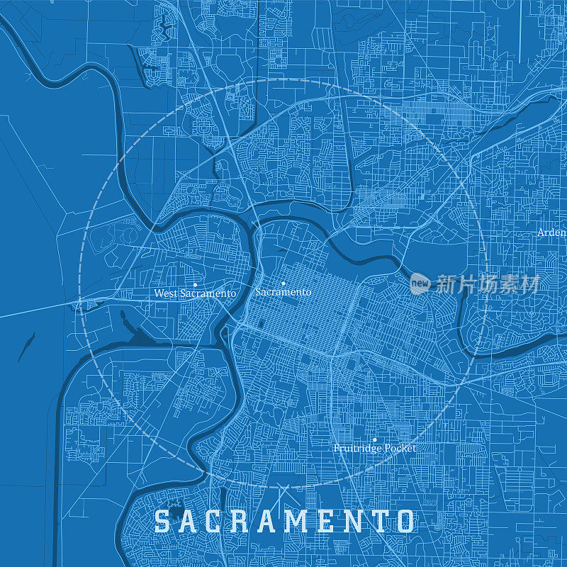 萨克拉门托CA城市矢量道路地图蓝色文本